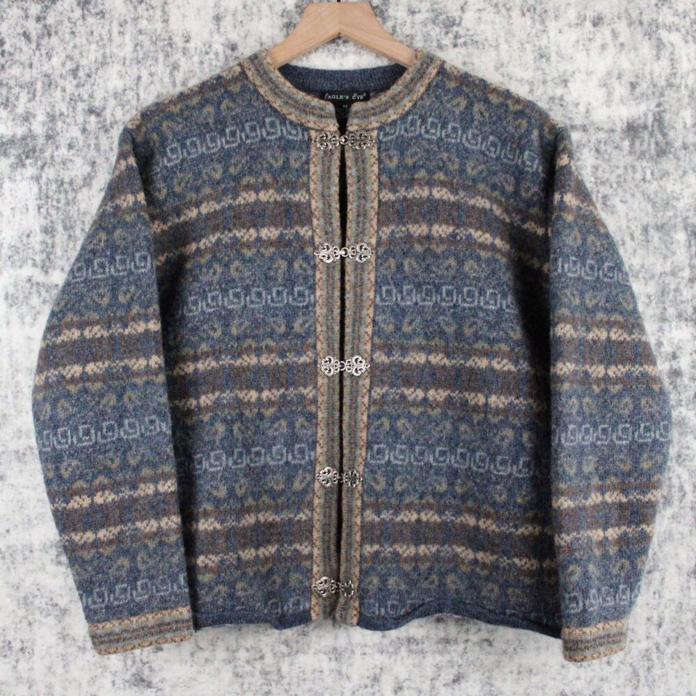 Vintage Eagle's Eye Wool Sweater Nordic Style Cardigan Size M Blue & Tan